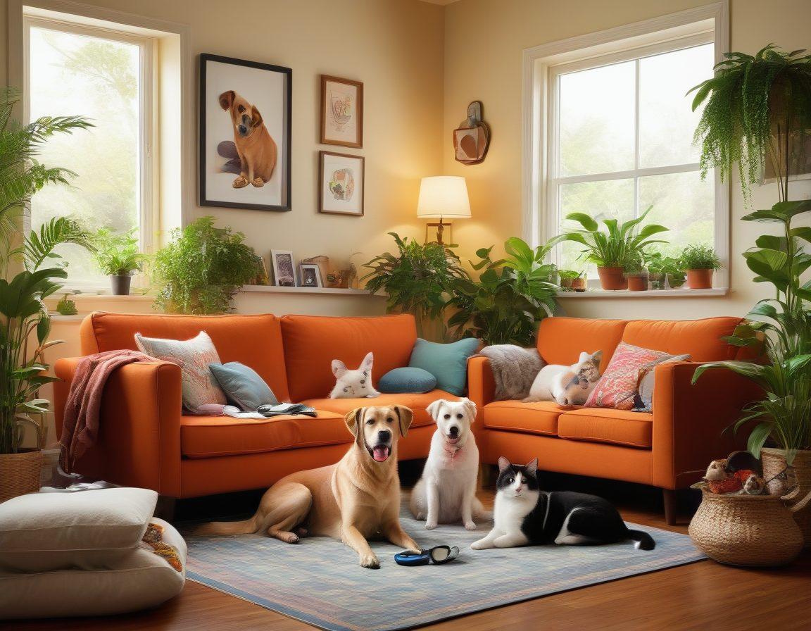 A cozy living room scene featuring an assortment of happy pets—dogs of various breeds and cats lounging playfully around their owners. Above, glowing text highlights 'Pet Health Insurance' with symbols of health and care, like hearts and stethoscopes. The background showcases vibrant greenery, symbolizing animal welfare. Warm, inviting lighting enhances the friendly atmosphere. Choose a super-realistic style with vibrant colors.