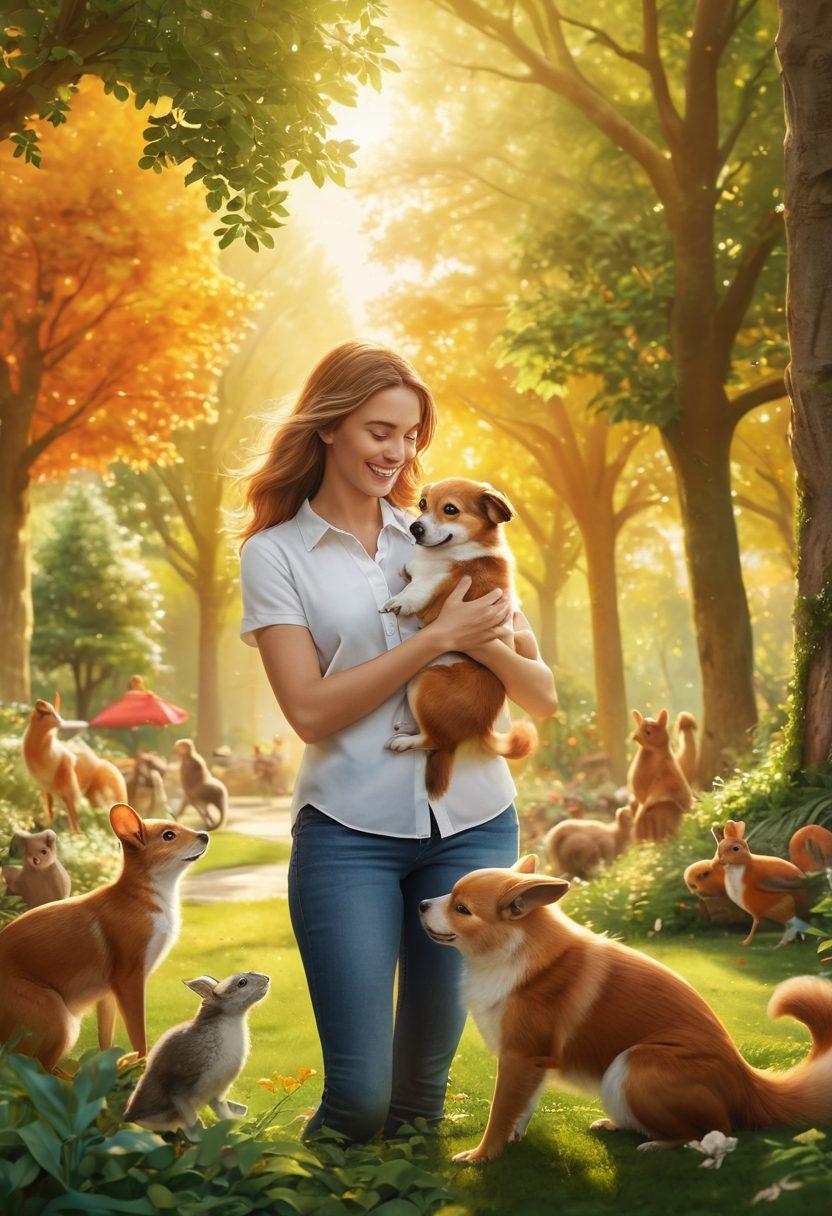 A heartwarming scene of a happy pet owner cuddling a dog in a sunny park, surrounded by playful animals and lush greenery. Illustrate a soft glow radiating from the pet to symbolize companionship and love, with icons representing insurance benefits like a shield and a heart subtly integrated into the background. The image should evoke warmth, care, and responsibility. vibrant colors. super-realistic.