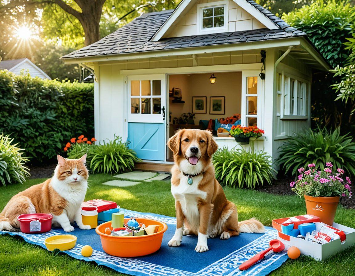 A heartwarming scene of a happy dog and cat, both in a sunny garden surrounded by pet care essentials like food bowls, toys, and a first aid kit. A checklist floats above them, outlining care plans. The background features a cozy house and lush greenery. The colors are bright and inviting, evoking a sense of safety and joy for pet owners. super-realistic. vibrant colors. natural setting.
